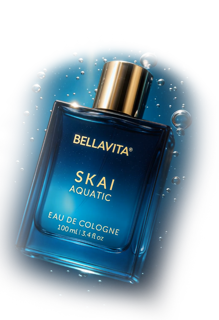 Deep-blue perfume bottle underwater with bubbles and light rays
