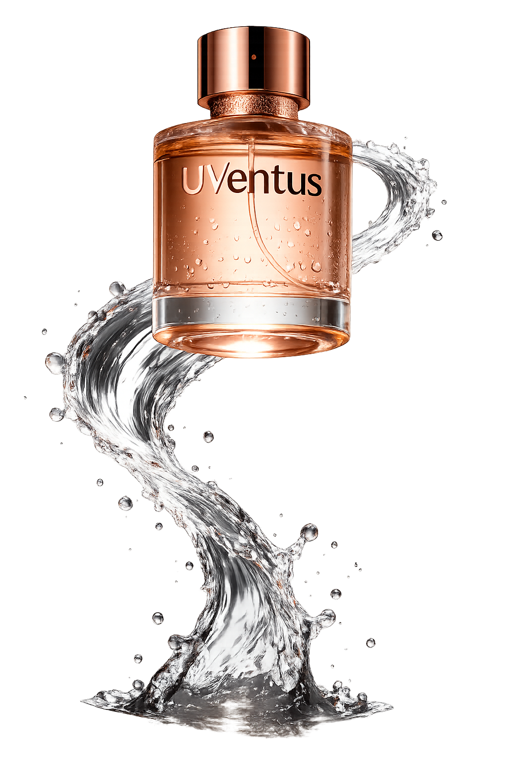 Rose-gold perfume bottle surrounded by a water splash